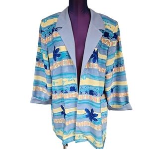 Vintage Serbin Tropical Hibiscus Flower Open‎ Front Blazer Size 18 Women's T34